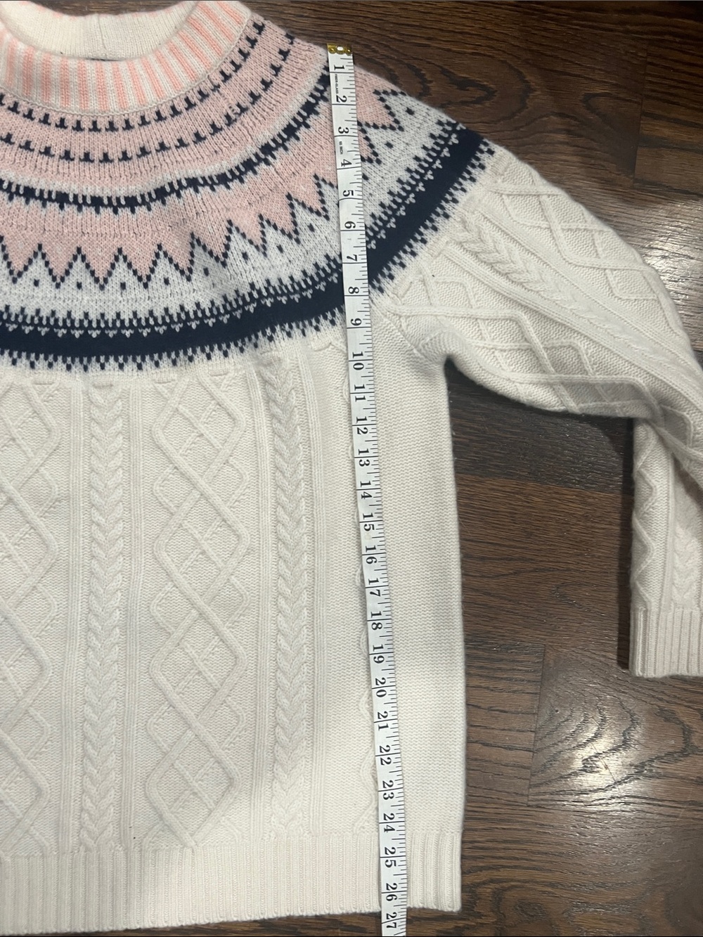J. Crew Cream Cable-Knit Crewneck Sweater with Pink & Navy Fair Isle Yoke - Picture 5 of 5